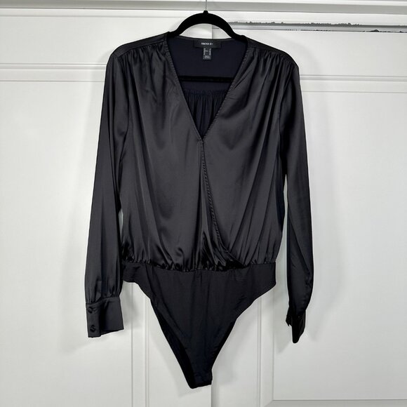 Black Satin Surplice Long Sleeve Bodysuit - 1X - Picture 2 of 11